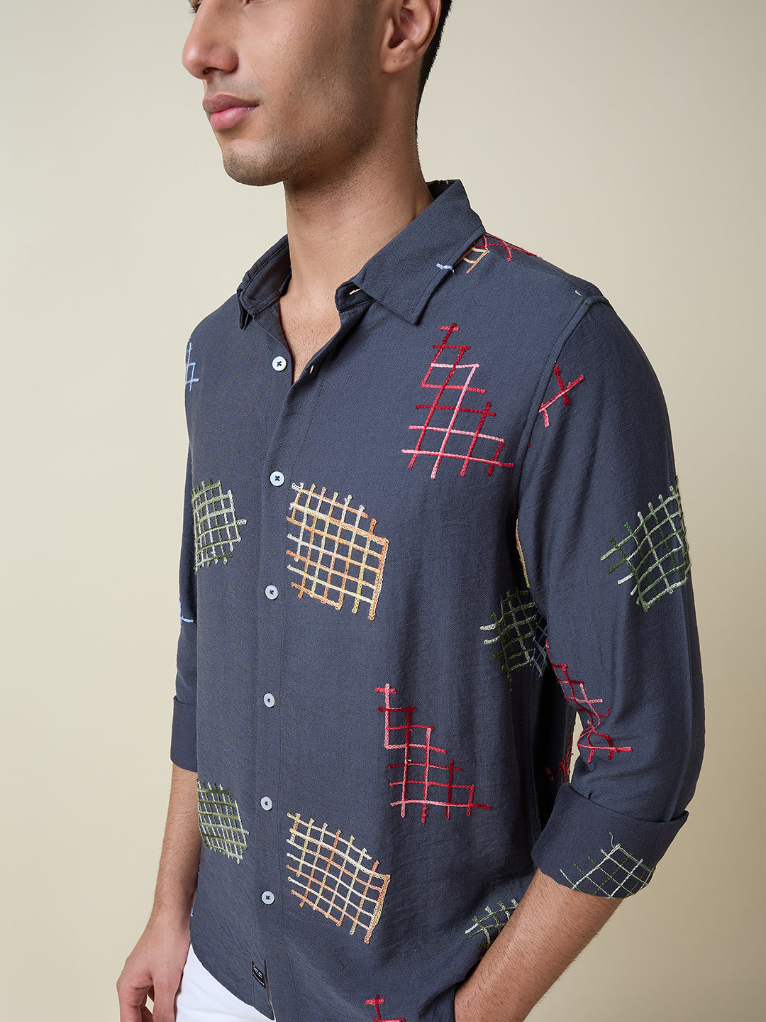 Thomas Scott Men Mid Blue Long Sleeves Spread Collar Slim Fit Embroidered Shirt