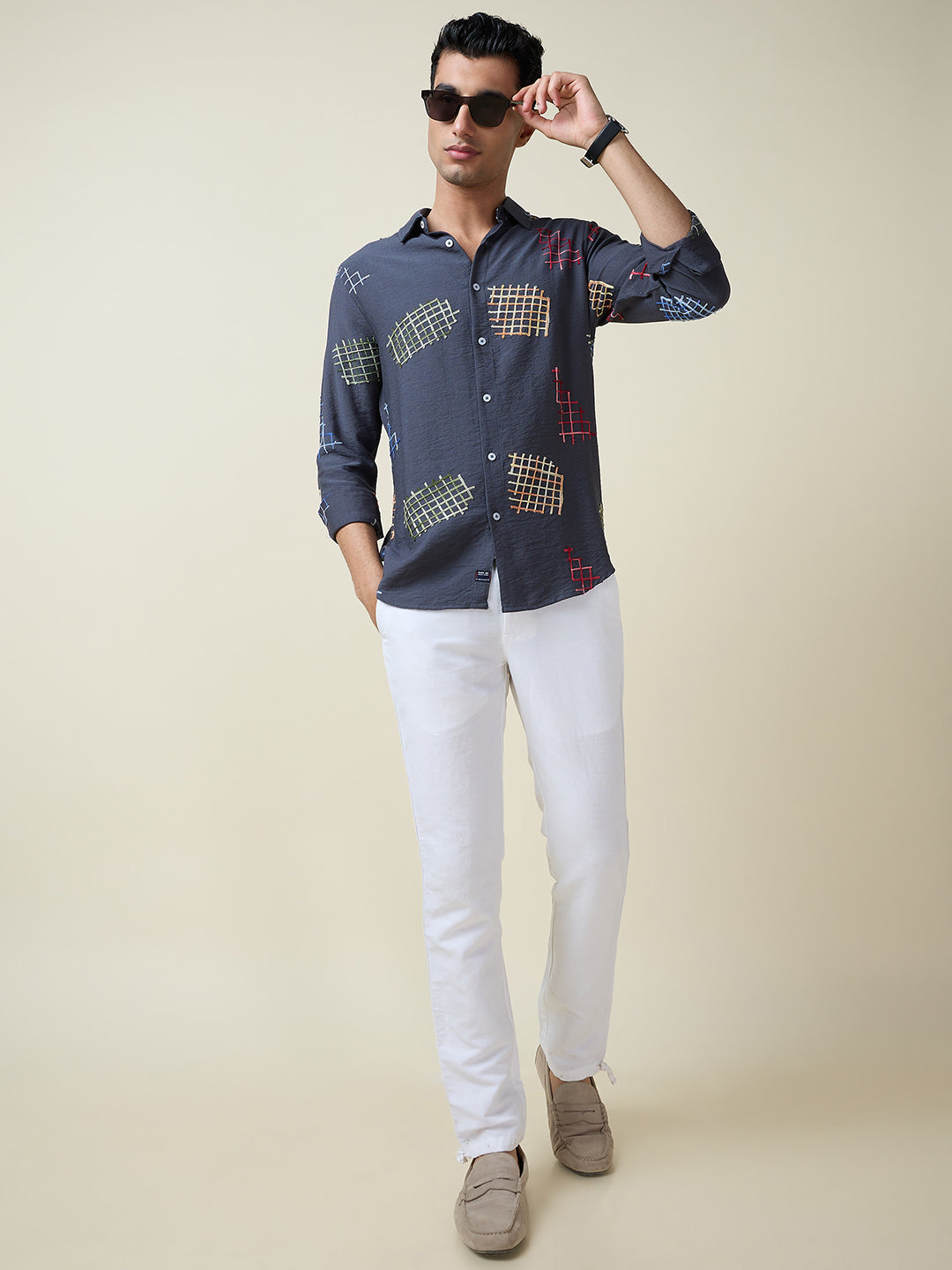 Thomas Scott Men Mid Blue Long Sleeves Spread Collar Slim Fit Embroidered Shirt