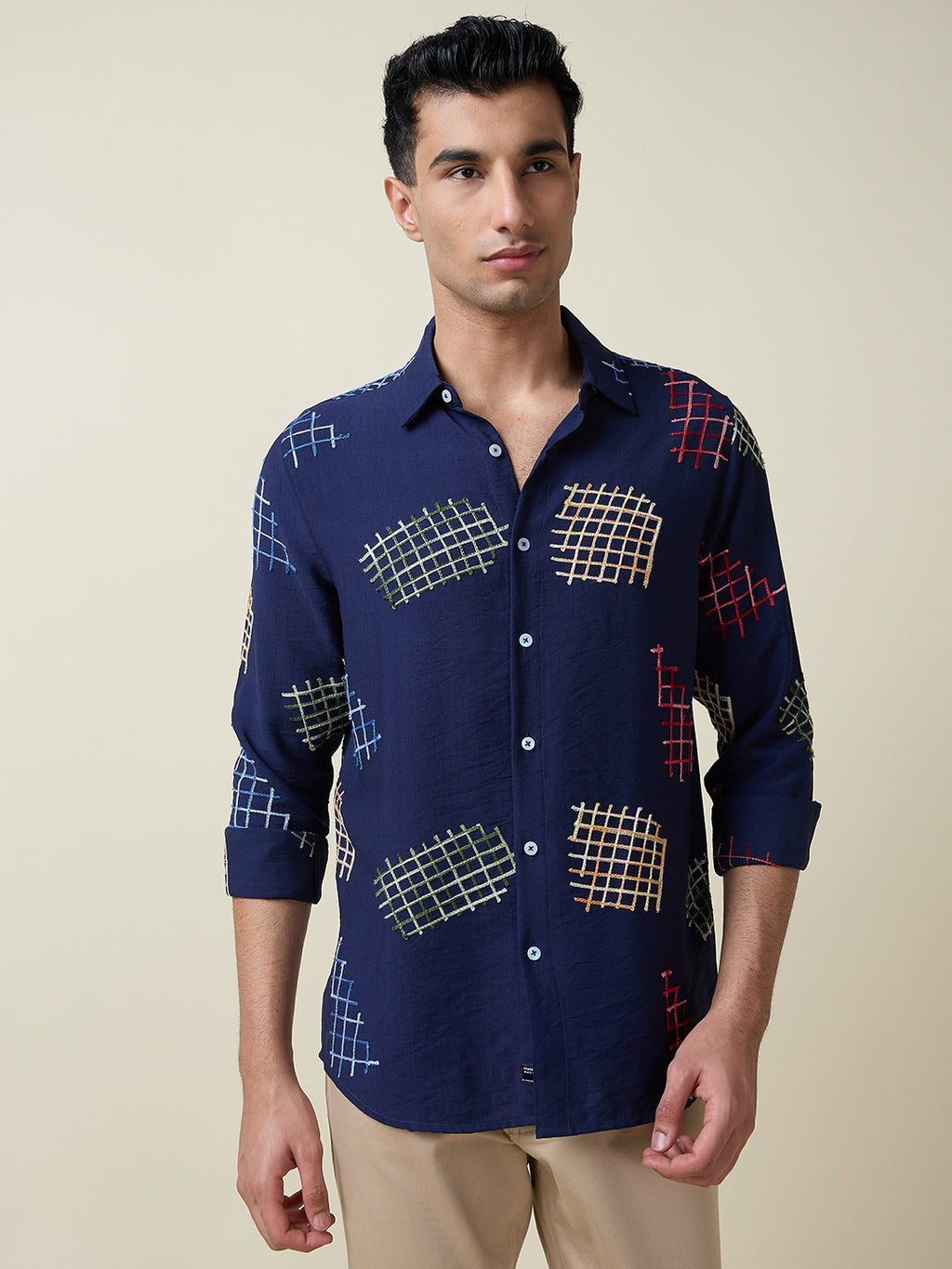 Thomas Scott Men Navy Long Sleeves Spread Collar Slim Fit Embroidered Shirt