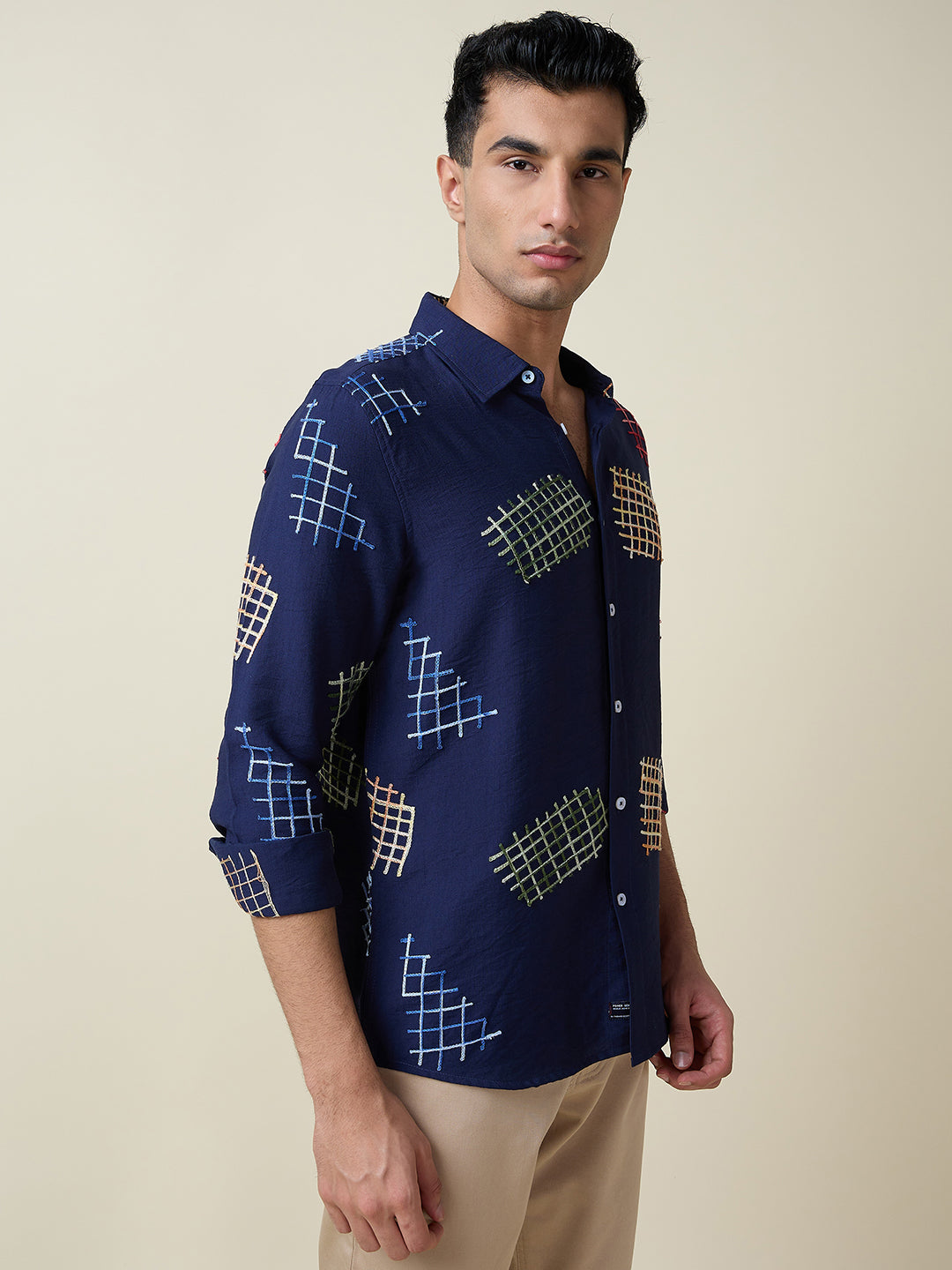 Thomas Scott Men Navy Long Sleeves Spread Collar Slim Fit Embroidered Shirt