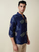 Thomas Scott Men Navy Long Sleeves Spread Collar Slim Fit Embroidered Shirt