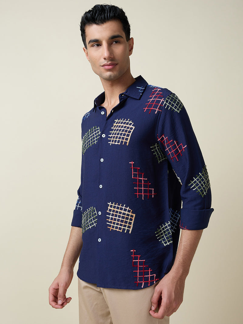 Thomas Scott Men Navy Long Sleeves Spread Collar Slim Fit Embroidered Shirt
