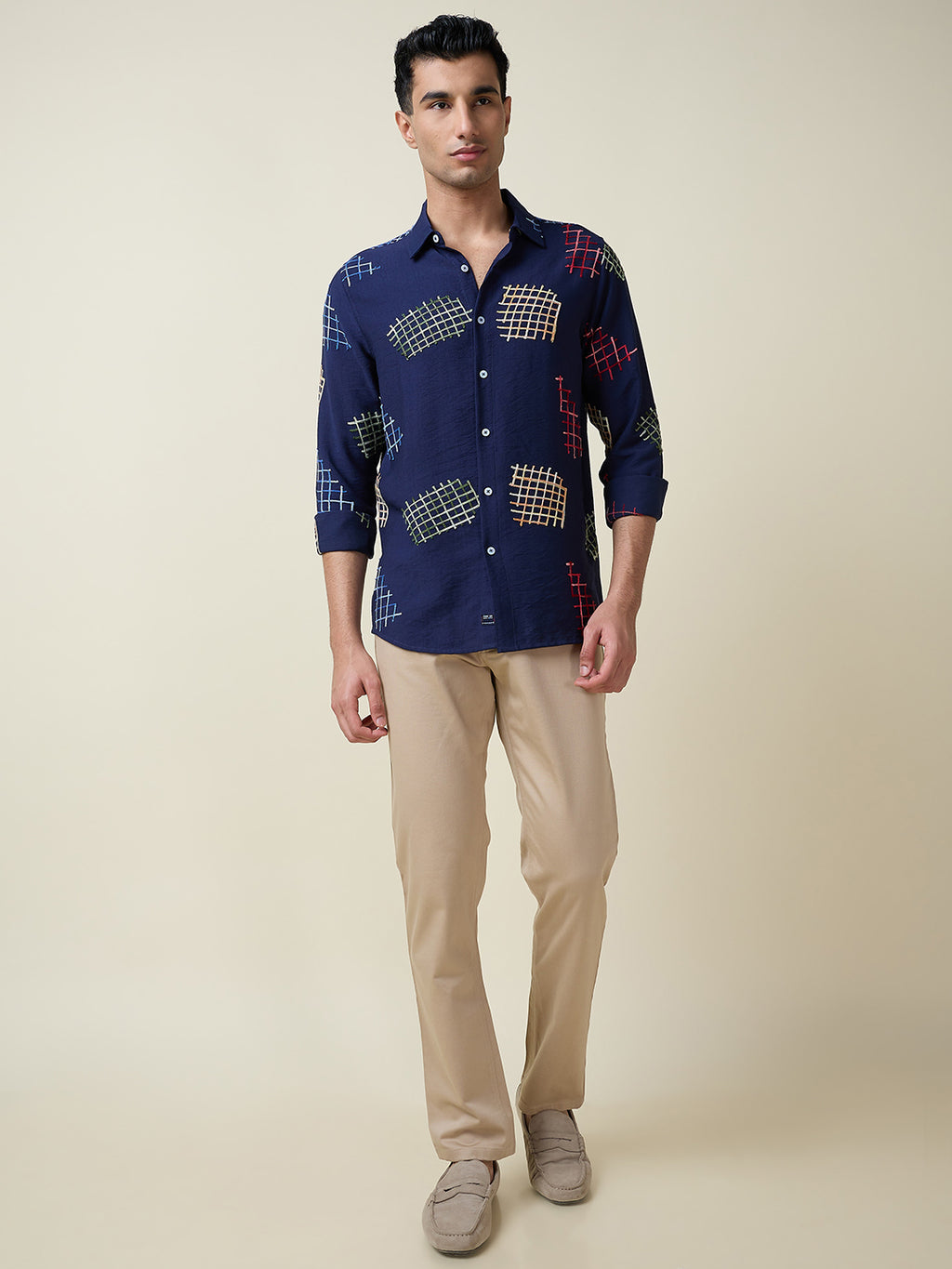 Thomas Scott Men Navy Long Sleeves Spread Collar Slim Fit Embroidered Shirt