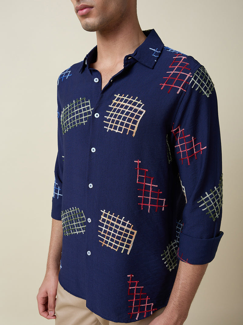Thomas Scott Men Navy Long Sleeves Spread Collar Slim Fit Embroidered Shirt