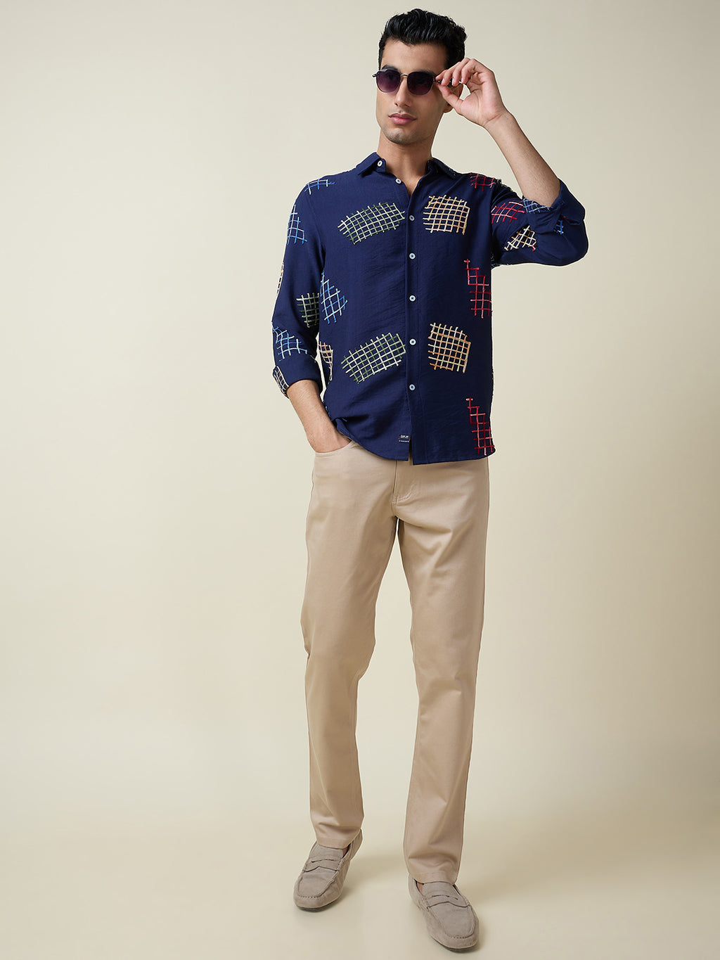 Thomas Scott Men Navy Long Sleeves Spread Collar Slim Fit Embroidered Shirt