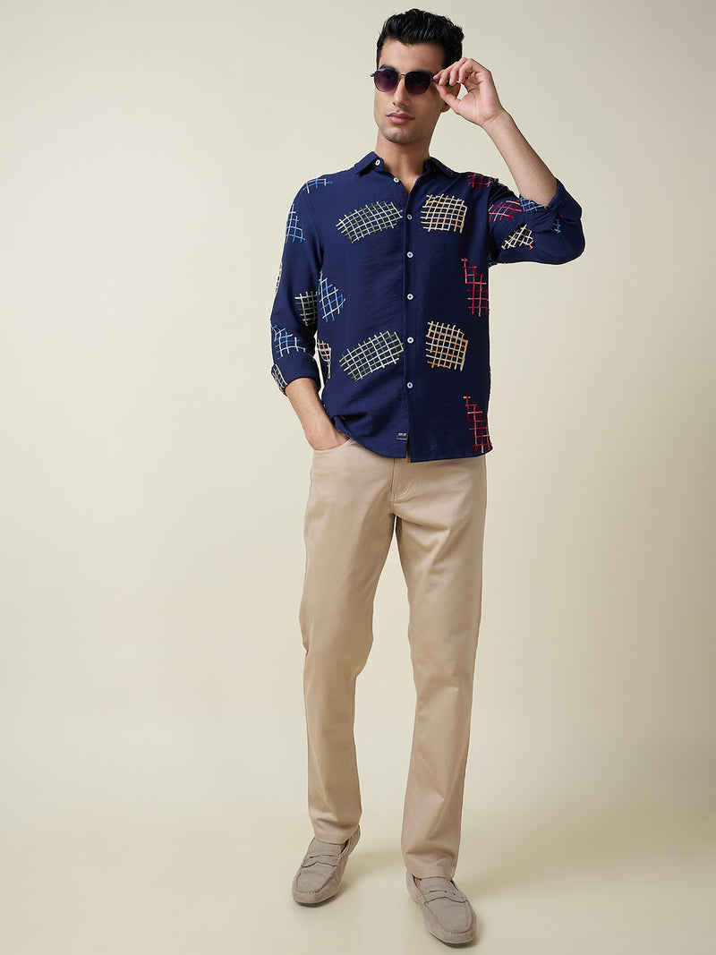 Thomas Scott Men Navy Long Sleeves Spread Collar Slim Fit Embroidered Shirt
