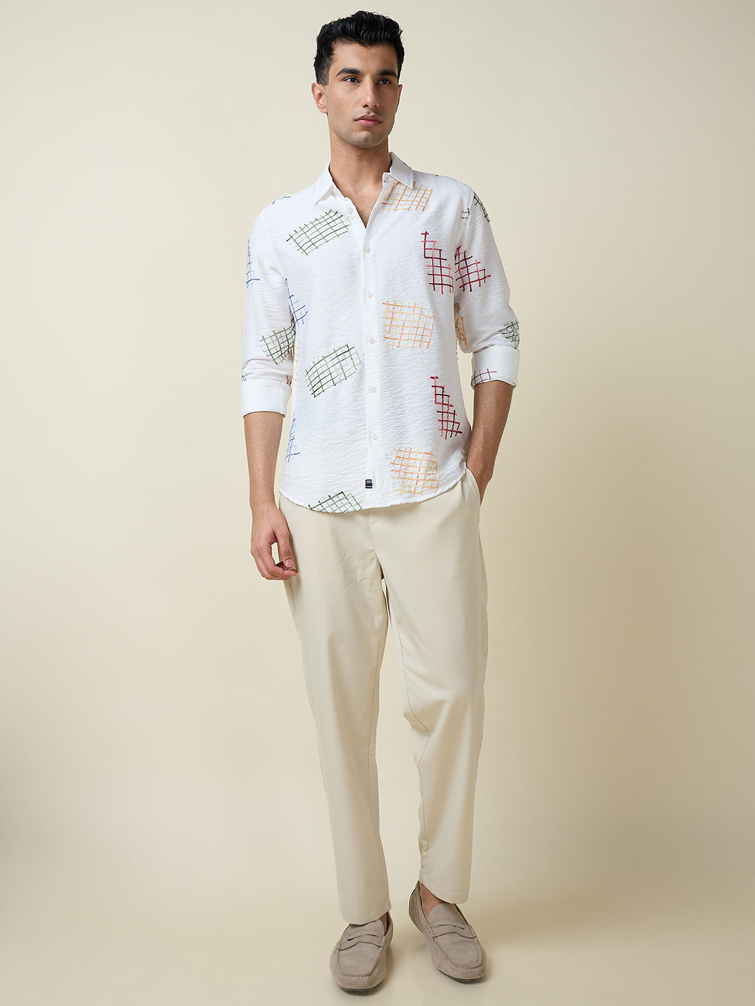 Thomas Scott Men White Long Sleeves Spread Collar Slim Fit Embroidered Shirt