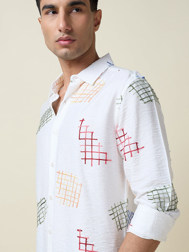 Thomas Scott Men White Long Sleeves Spread Collar Slim Fit Embroidered Shirt