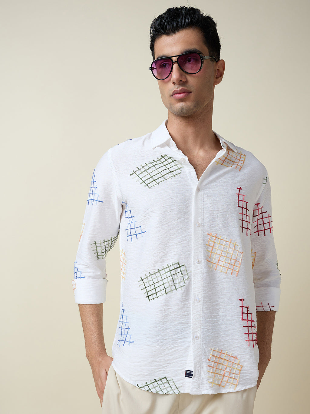 Thomas Scott Men White Long Sleeves Spread Collar Slim Fit Embroidered Shirt