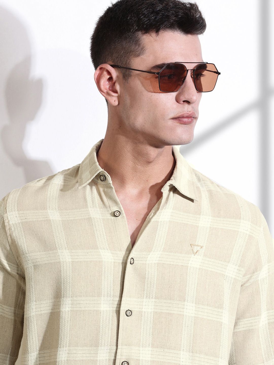 Beige Slim Fit Windowpane Checked Cotton Casual Shirt