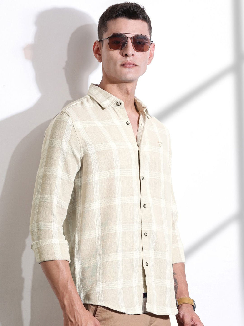 Beige Slim Fit Windowpane Checked Cotton Casual Shirt