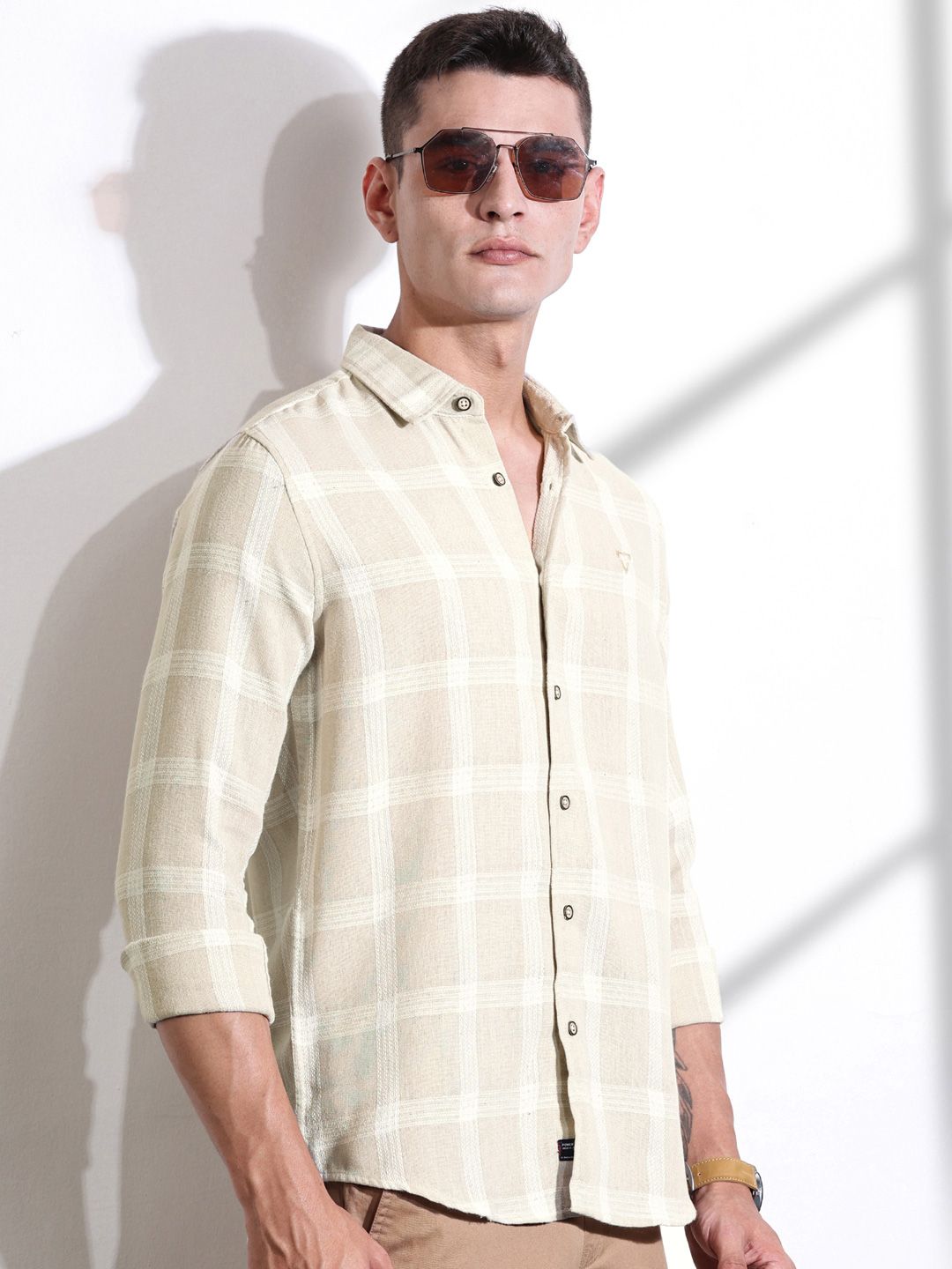 Beige Slim Fit Windowpane Checked Cotton Casual Shirt