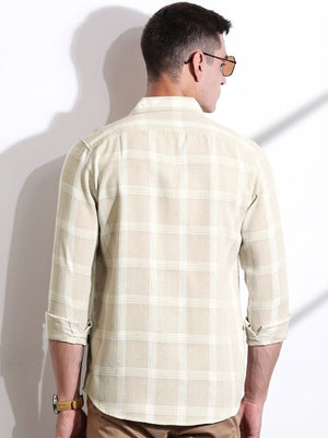 Beige Slim Fit Windowpane Checked Cotton Casual Shirt