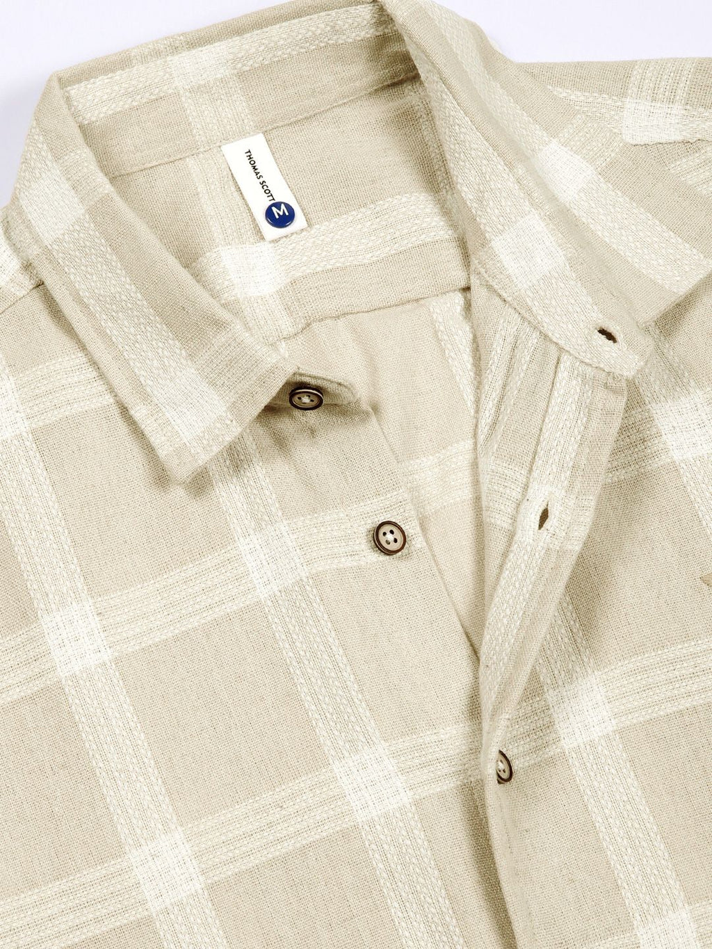 Beige Slim Fit Windowpane Checked Cotton Casual Shirt