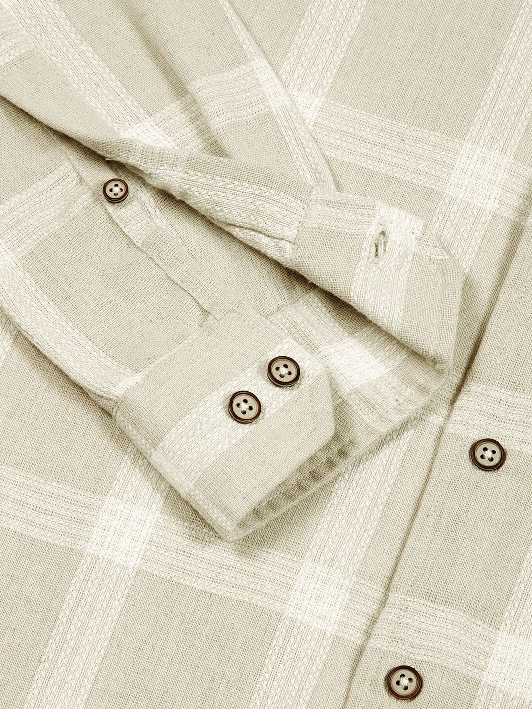 Beige Slim Fit Windowpane Checked Cotton Casual Shirt