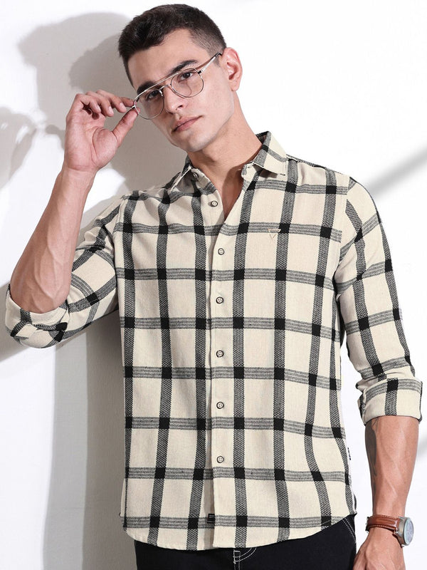 Black Slim Fit Windowpane Checked Cotton Casual Shirt