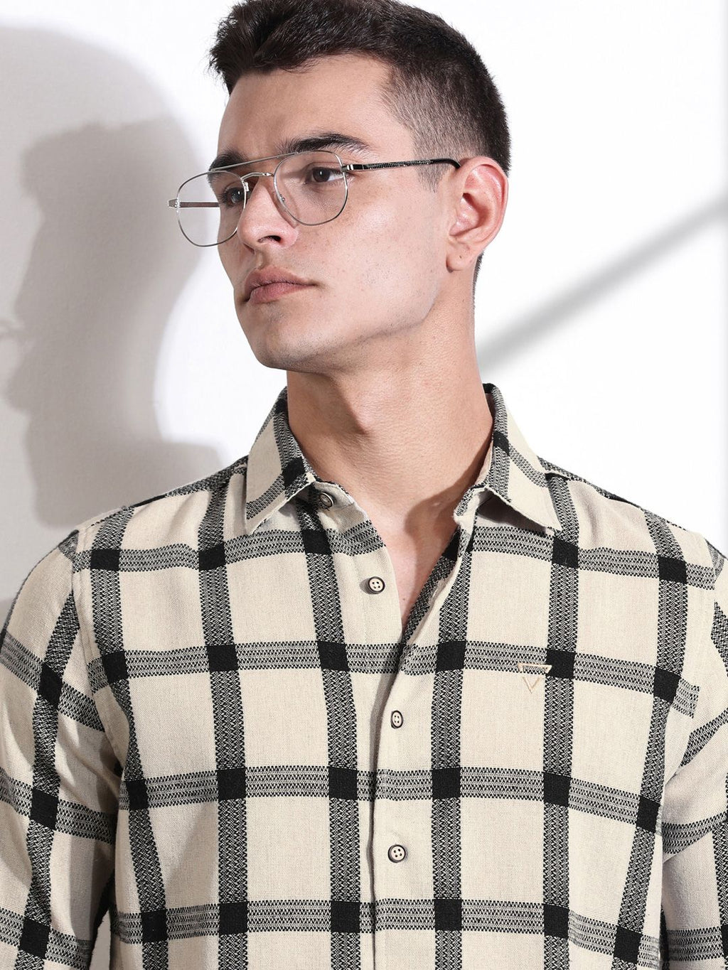 Black Slim Fit Windowpane Checked Cotton Casual Shirt
