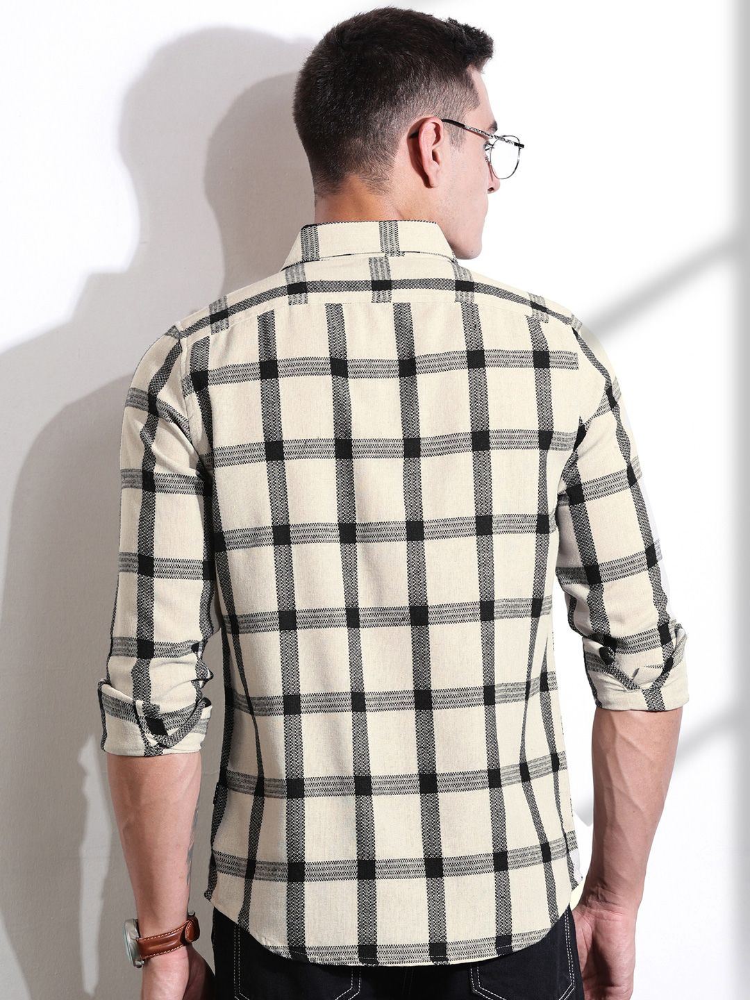 Black Slim Fit Windowpane Checked Cotton Casual Shirt