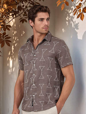 Brown Slim Fit Short Sleeves Geometric Print Casual Shirt For Men