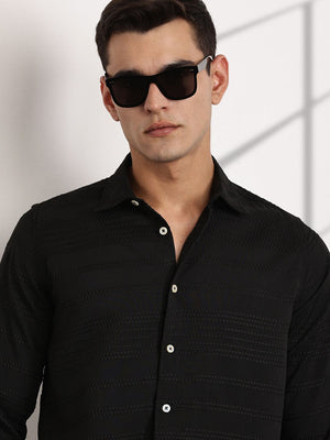 Black Slim Fit Cutaway Collar Long Sleeves Self Design Casual Shirt For Men