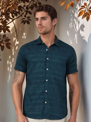 Teal Slim Fit Short Sleeves Horizontal Stripes Textured Casual Shirt For Men