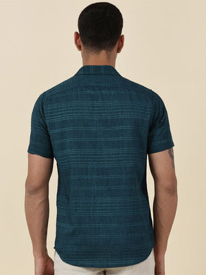 Teal Slim Fit Short Sleeves Horizontal Stripes Textured Casual Shirt For Men