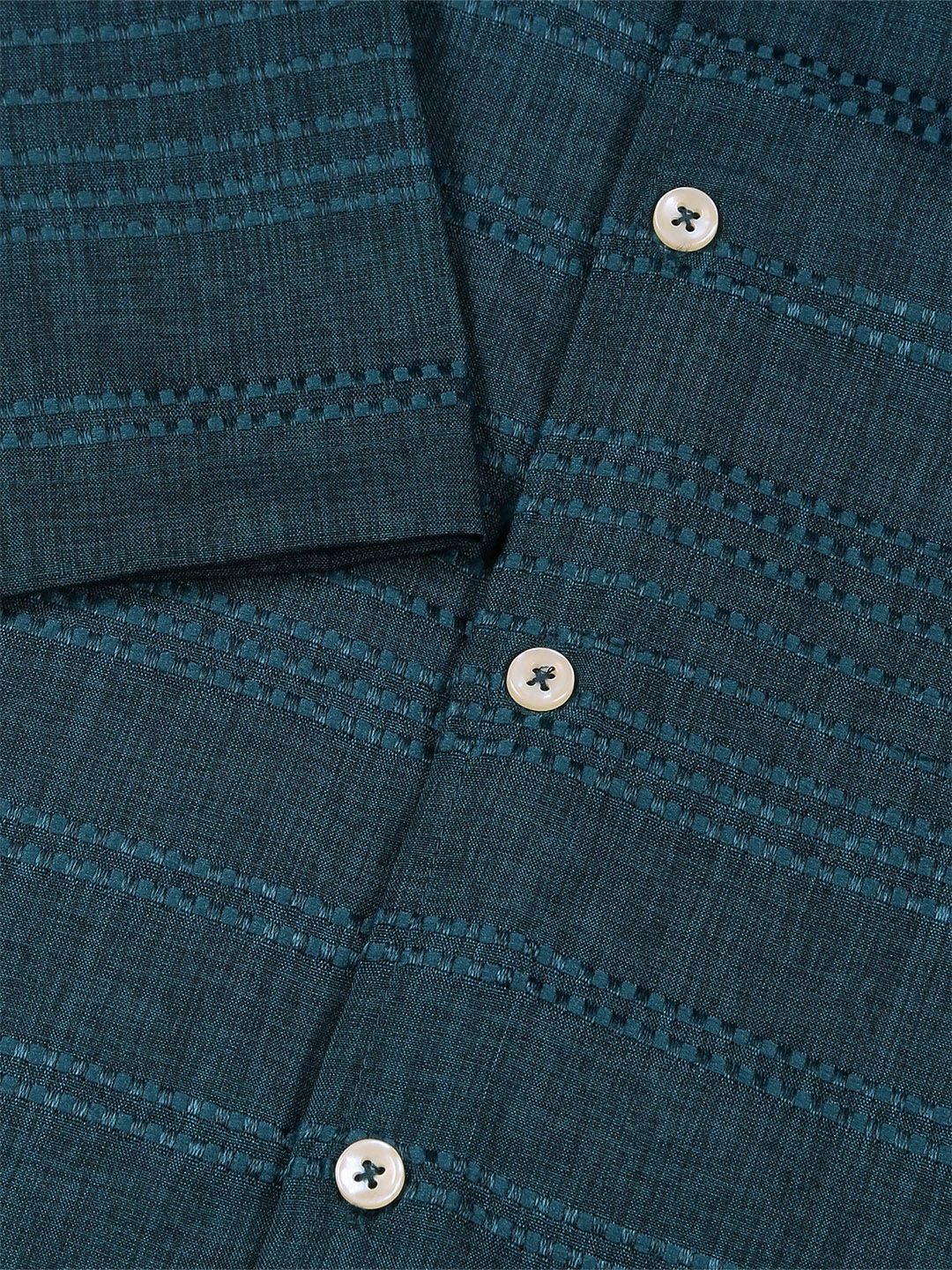Teal Slim Fit Short Sleeves Horizontal Stripes Textured Casual Shirt For Men