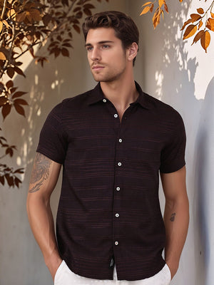 Wine Slim Fit Short Sleeves Horizontal Stripes Textured Casual Shirt For Men