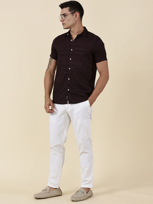 Wine Slim Fit Short Sleeves Horizontal Stripes Textured Casual Shirt For Men