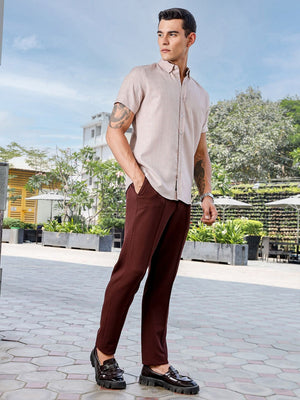 Pink Slim Fit Short Sleeves Windowpane Checks Woven Casual Shirt For Men