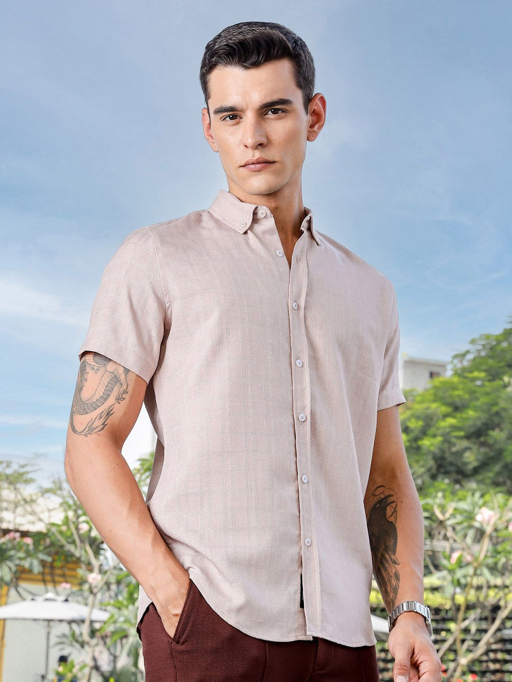 Pink Slim Fit Short Sleeves Windowpane Checks Woven Casual Shirt For Men