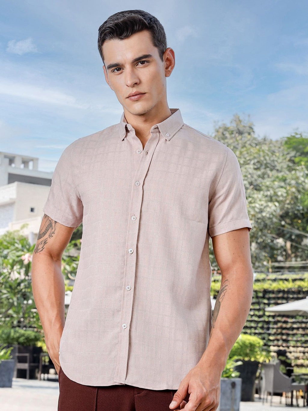 Pink Slim Fit Short Sleeves Windowpane Checks Woven Casual Shirt For Men