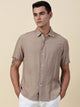 Beige Regular Fit Short Sleeves Cuban Collar Embroidered Shirt For Men