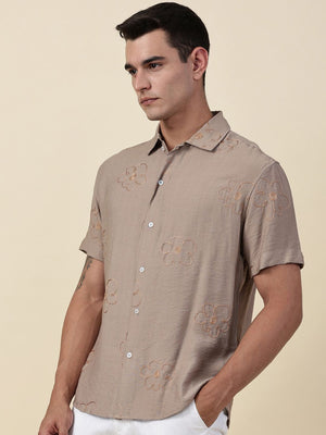 Beige Regular Fit Short Sleeves Cuban Collar Embroidered Shirt For Men