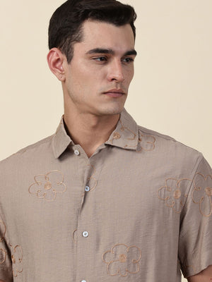Beige Regular Fit Short Sleeves Cuban Collar Embroidered Shirt For Men
