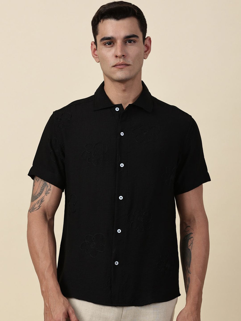 Black Regular Fit Short Sleeves Cuban Collar Embroidered Shirt For Men