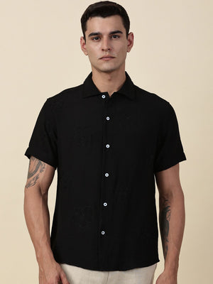 Black Regular Fit Short Sleeves Cuban Collar Embroidered Shirt For Men
