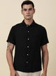 Black Regular Fit Short Sleeves Cuban Collar Embroidered Shirt For Men