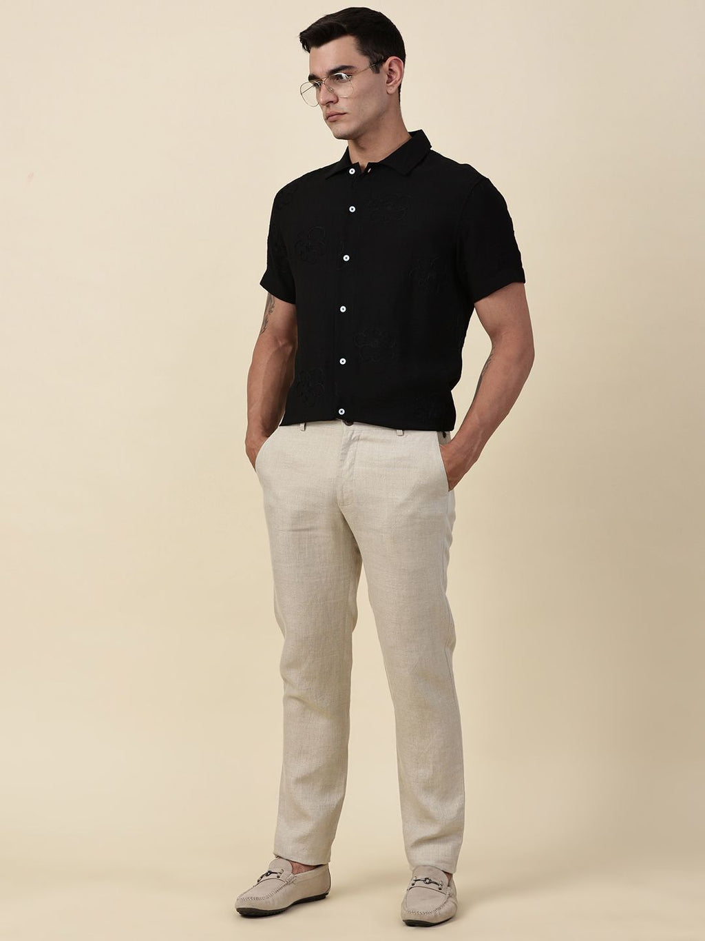 Black Regular Fit Short Sleeves Cuban Collar Embroidered Shirt For Men