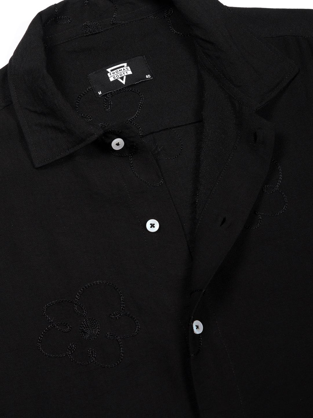 Black Regular Fit Short Sleeves Cuban Collar Embroidered Shirt For Men