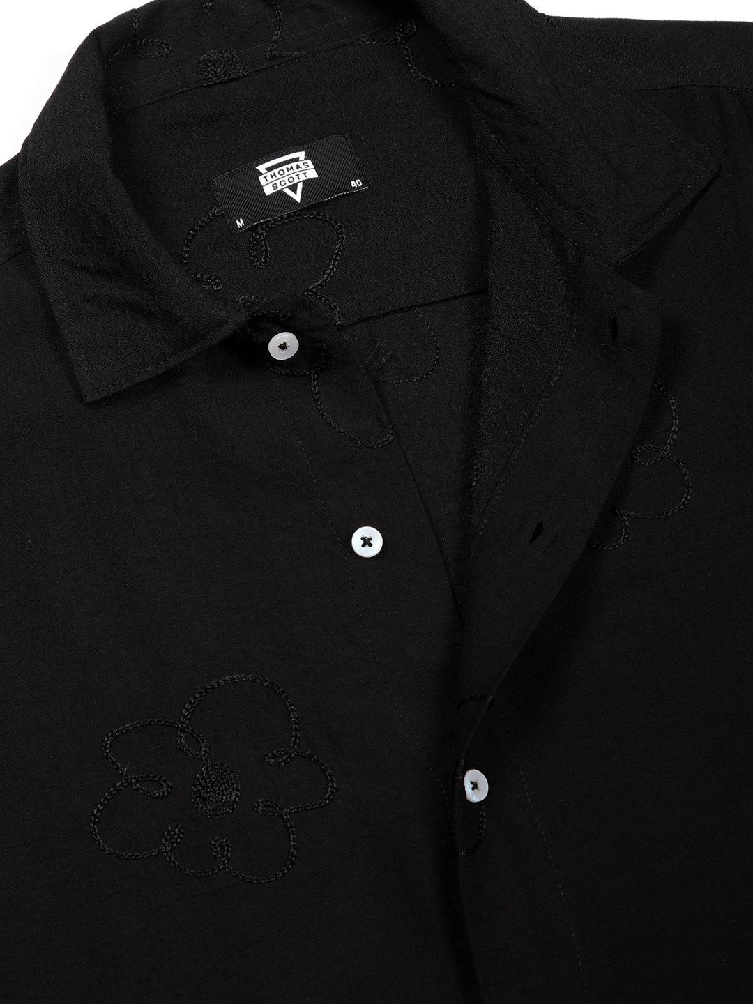 Black Regular Fit Short Sleeves Cuban Collar Embroidered Shirt For Men