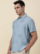 Blue Regular Fit Short Sleeves Cuban Collar Embroidered Shirt For Men