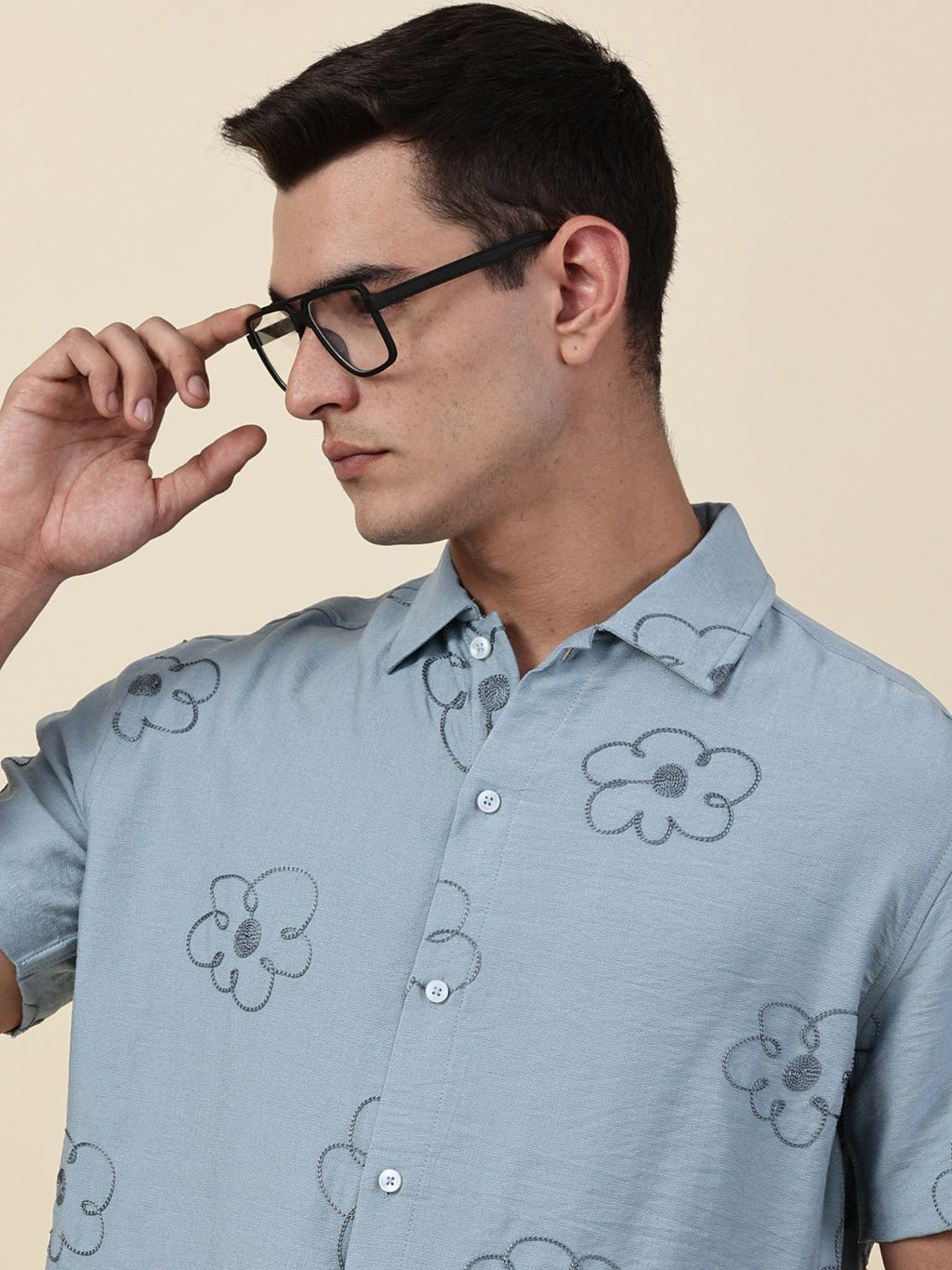 Blue Regular Fit Short Sleeves Cuban Collar Embroidered Shirt For Men