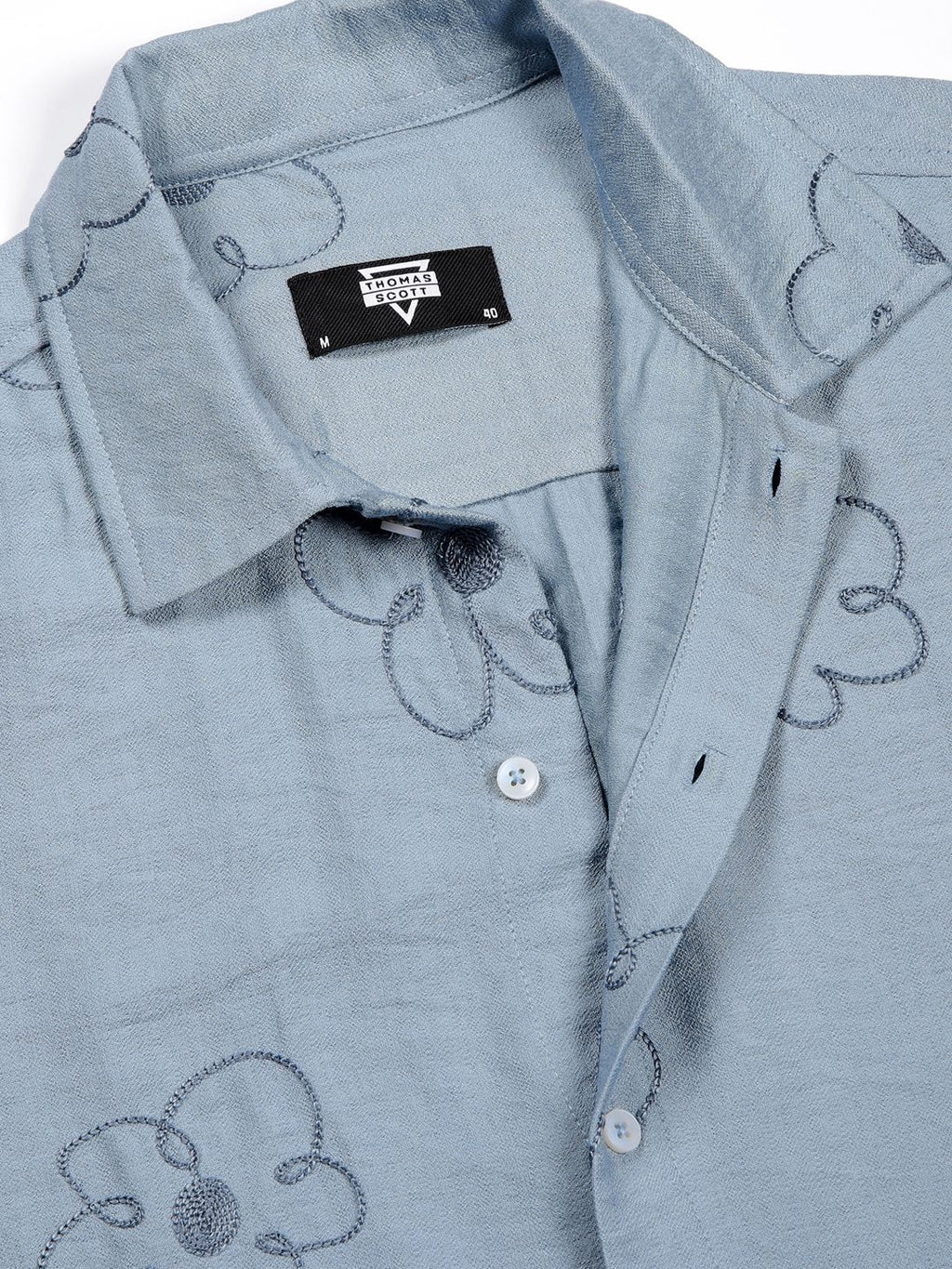 Blue Regular Fit Short Sleeves Cuban Collar Embroidered Shirt For Men
