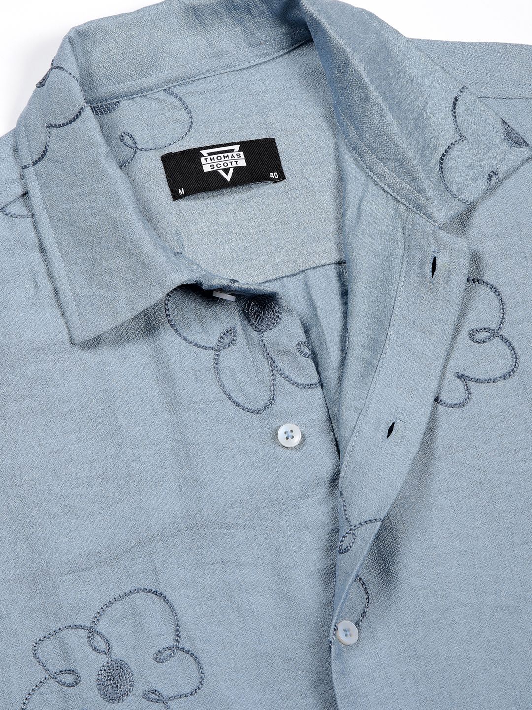 Blue Regular Fit Short Sleeves Cuban Collar Embroidered Shirt For Men