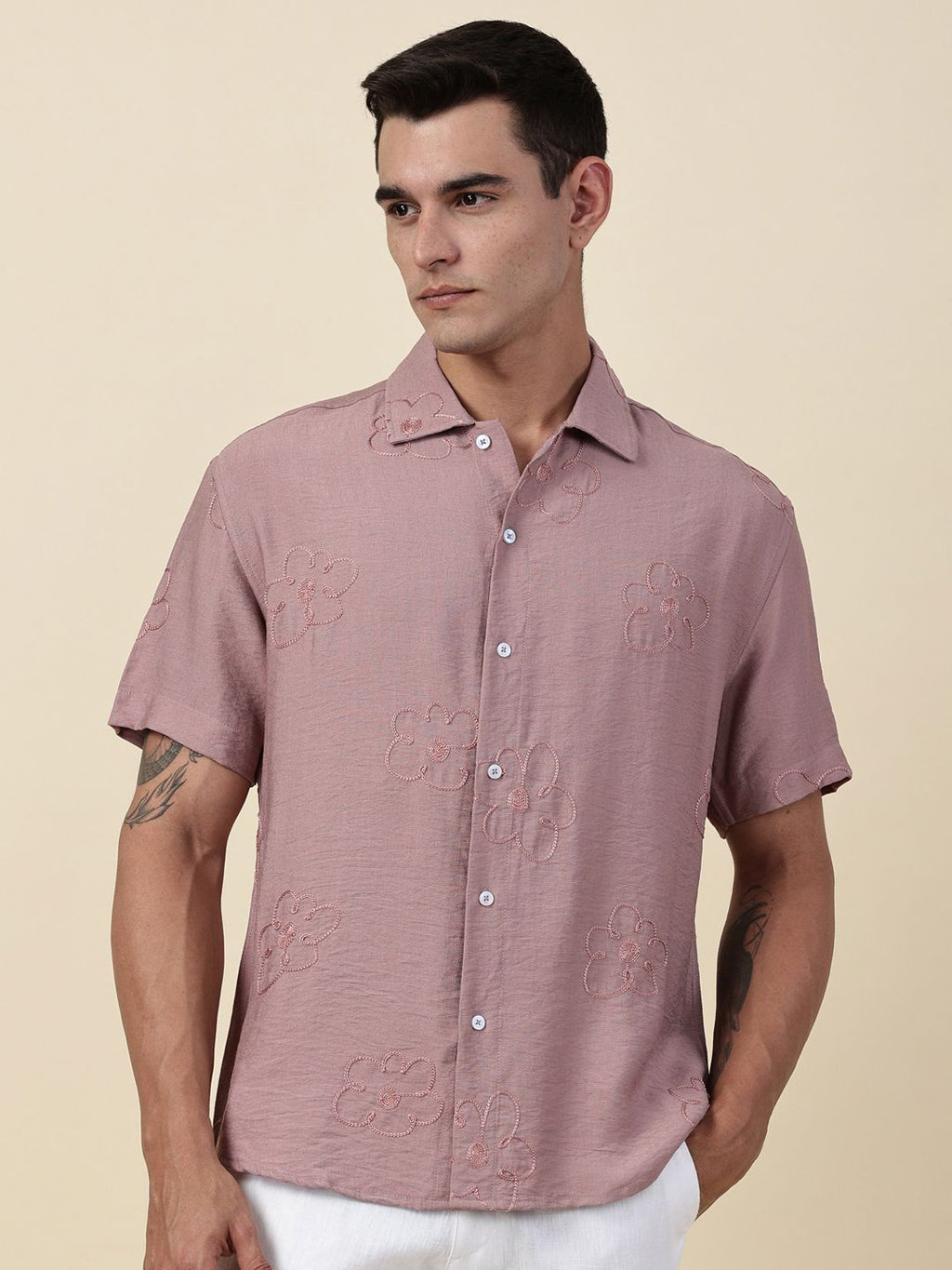 Pink Regular Fit Short Sleeves Cuban Collar Embroidered Shirt For Men