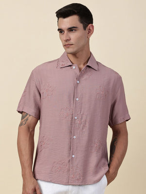 Pink Regular Fit Short Sleeves Cuban Collar Embroidered Shirt For Men