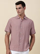 Pink Regular Fit Short Sleeves Cuban Collar Embroidered Shirt For Men