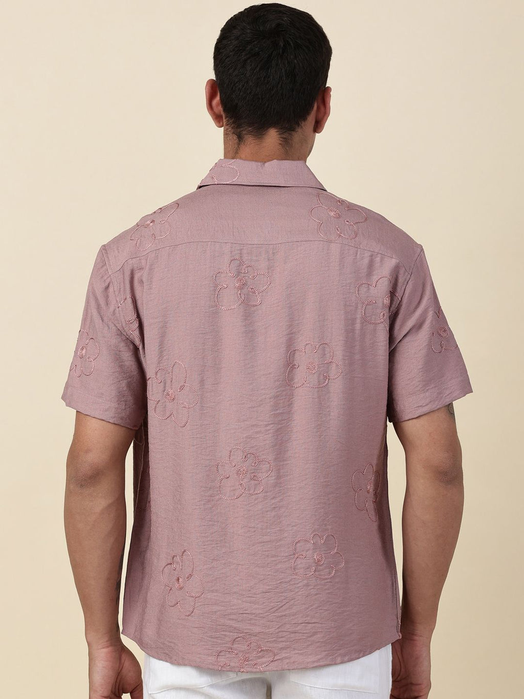 Pink Regular Fit Short Sleeves Cuban Collar Embroidered Shirt For Men