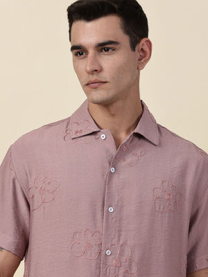 Pink Regular Fit Short Sleeves Cuban Collar Embroidered Shirt For Men